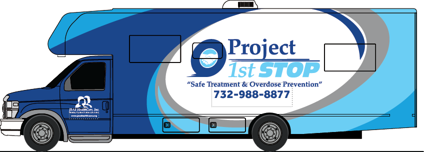 Graphic representation of JSAS HealthCare’s Project 1st STOP Mobile Medical Unit parked in a community location, featuring bold graphics and contact information on the side of the vehicle, representing accessible opioid treatment and harm reduction services.